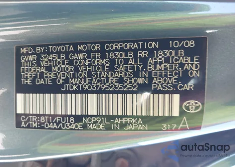 2009 Toyota Yaris from USA, damaged, VIN JTDKT903795235252